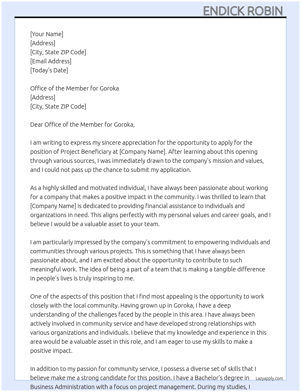 Project beneficiary  At Seeking financial assistance  Cover Letter