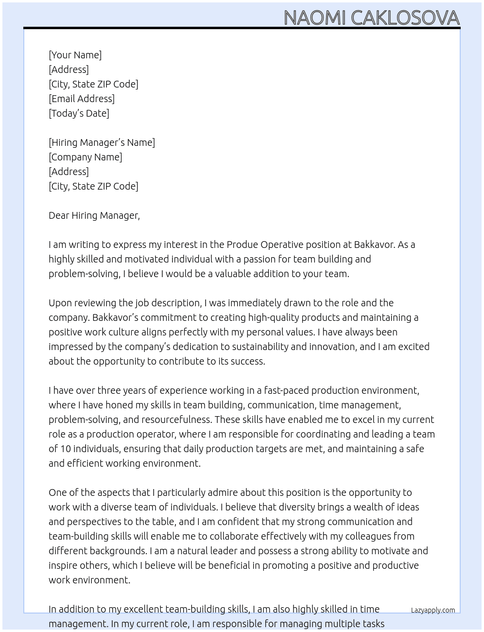 Produe Opperative At Bakkavor Cover Letter
