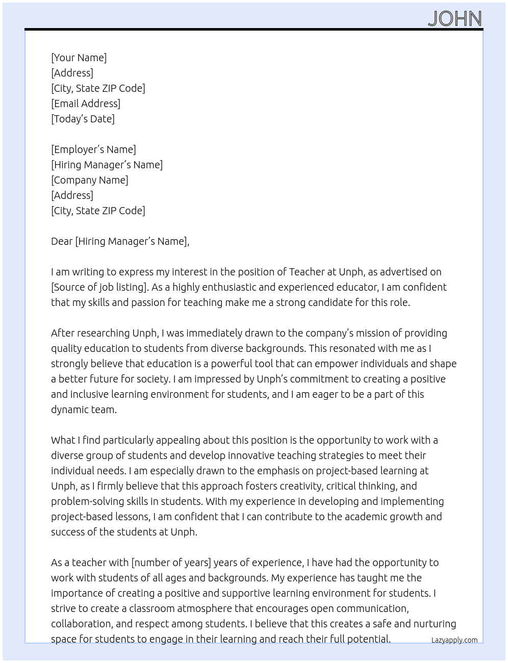 Teacher At Unph Cover Letter