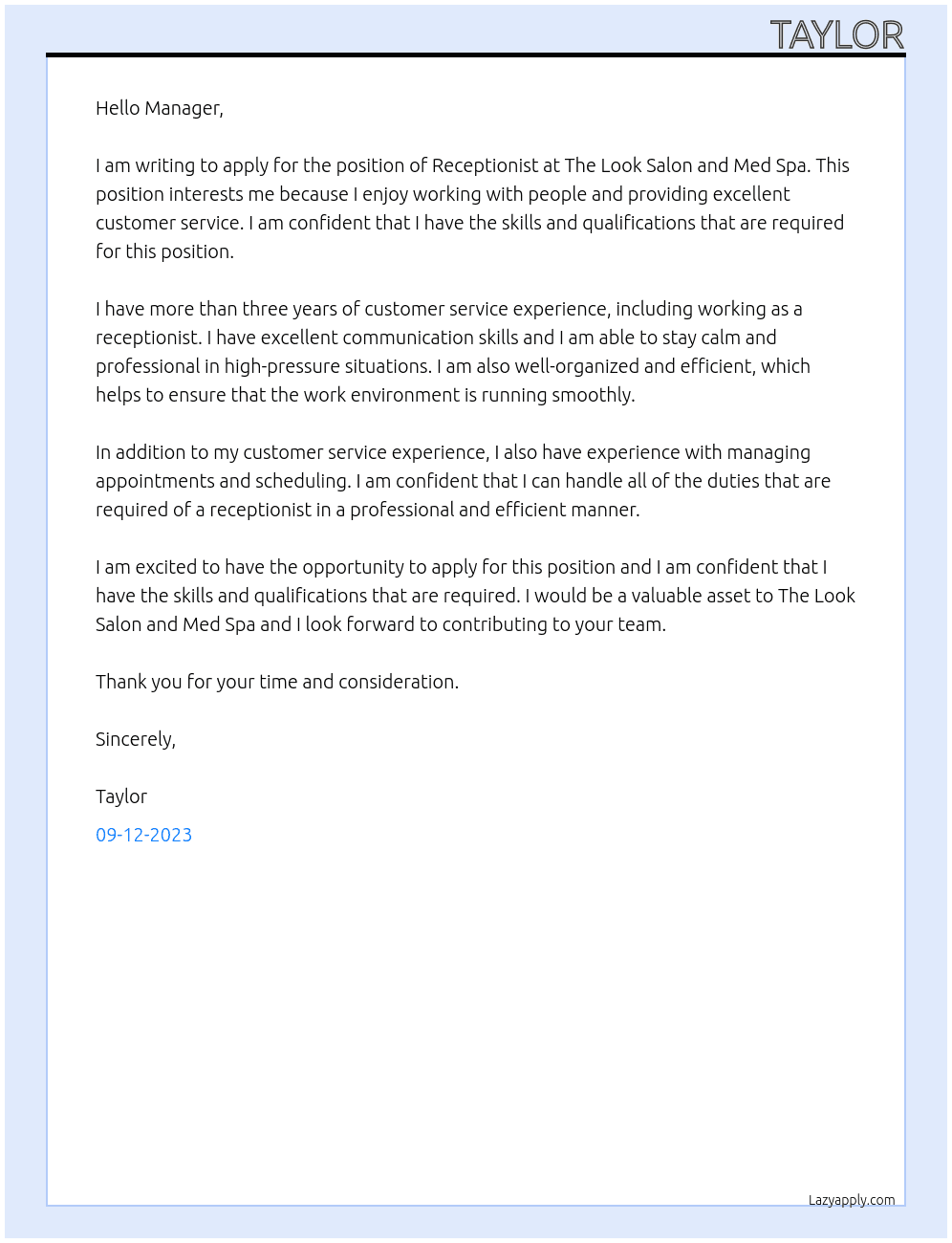 Receptionist At The Look Salon and Med Spa Cover Letter