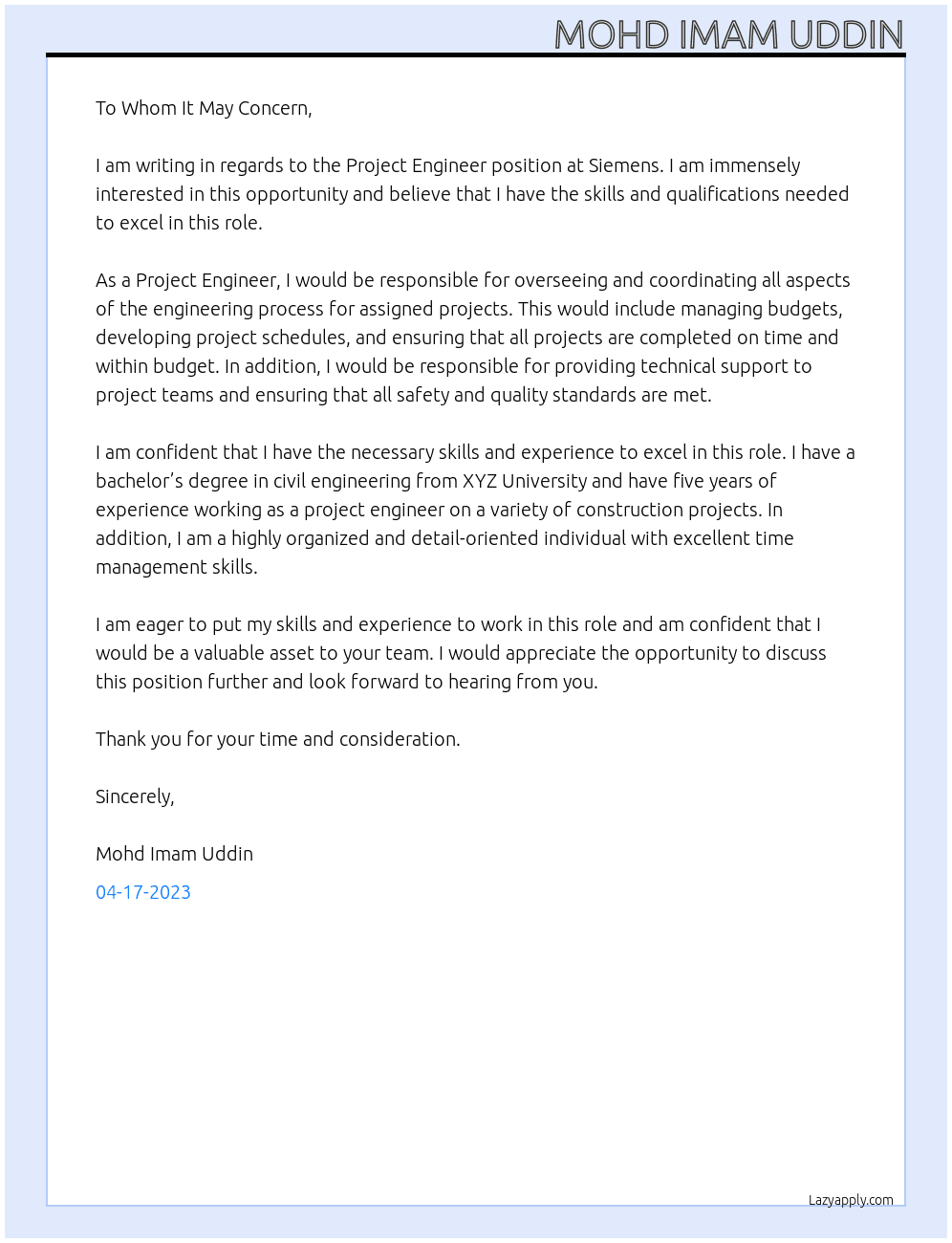 Project Engineer At Siemens Cover Letter