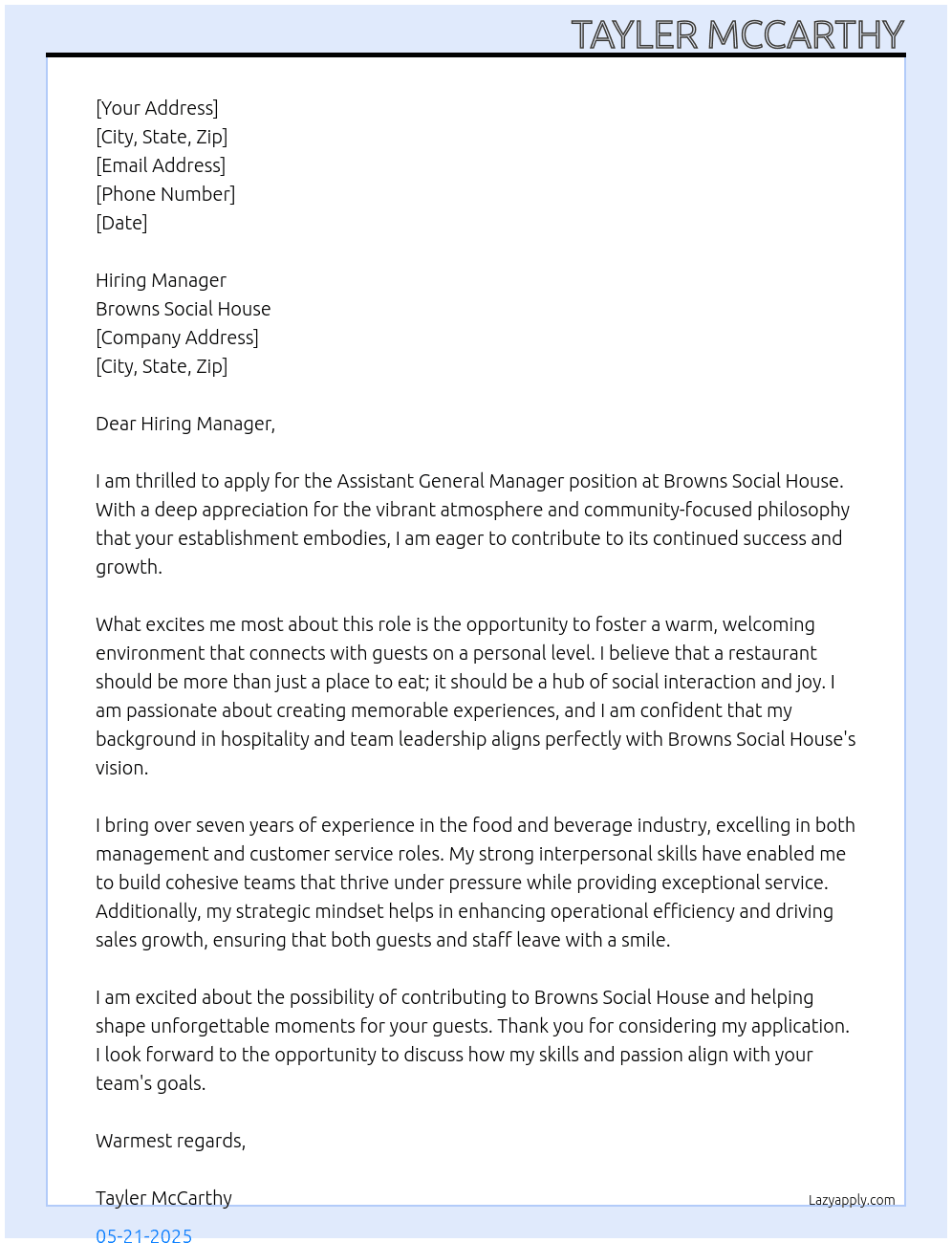 Assistant General Manager At Browns Social House Cover Letter