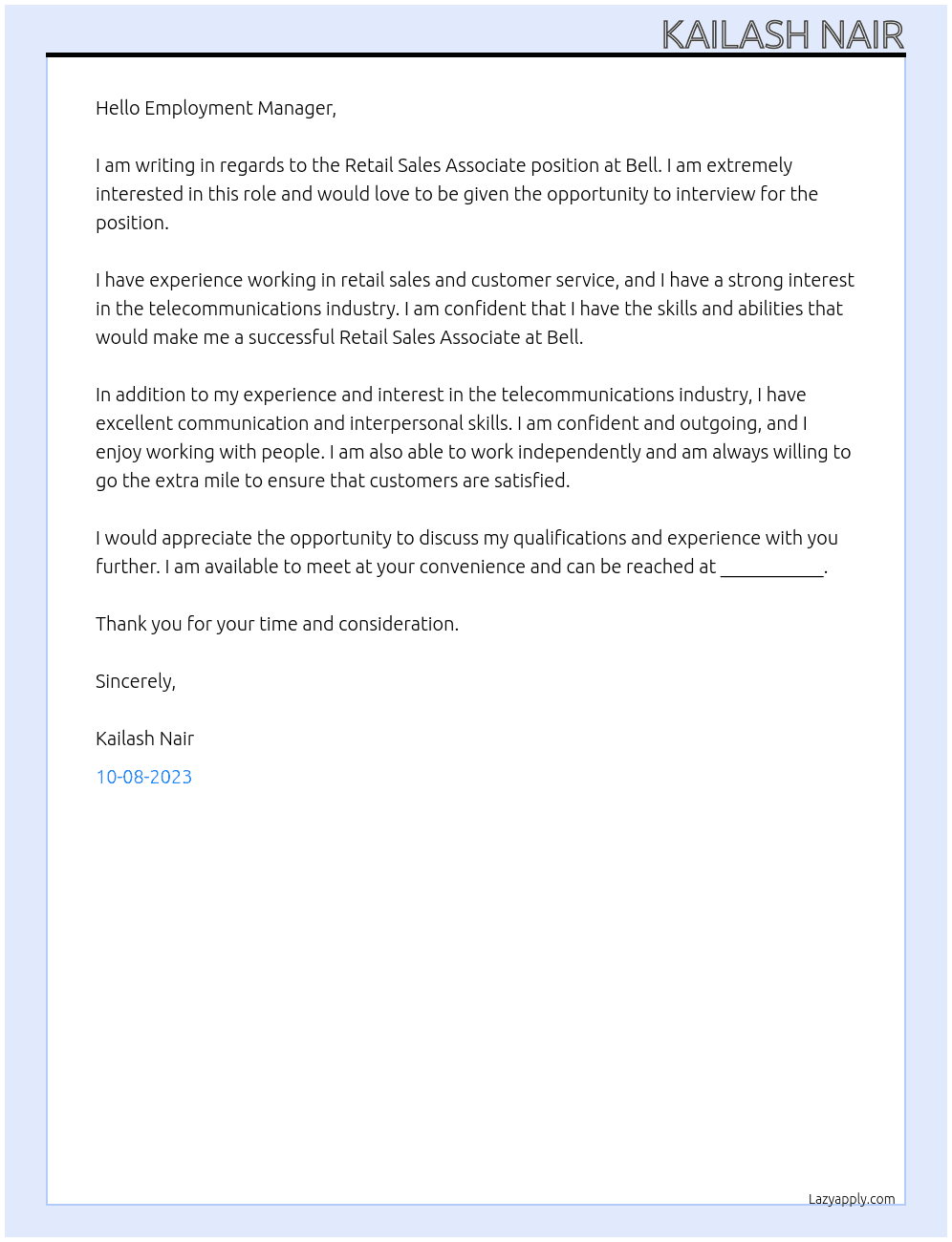 Retail Sales Associate At Bell Cover Letter