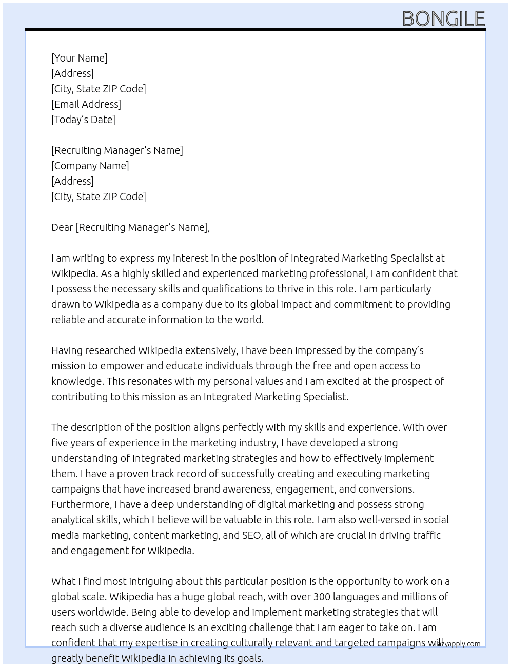Integrated Marketing Specialist At Wikipedia  Cover Letter