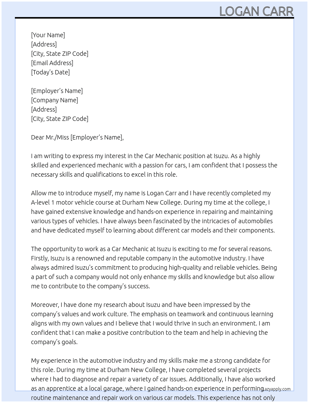 Car Mechanic  At Isuzu Cover Letter
