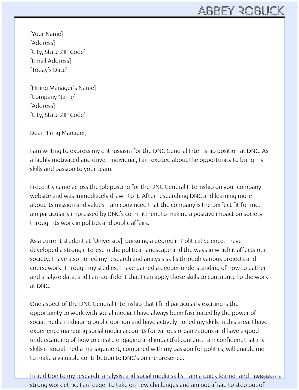 DNC General Internship At DNC Cover Letter