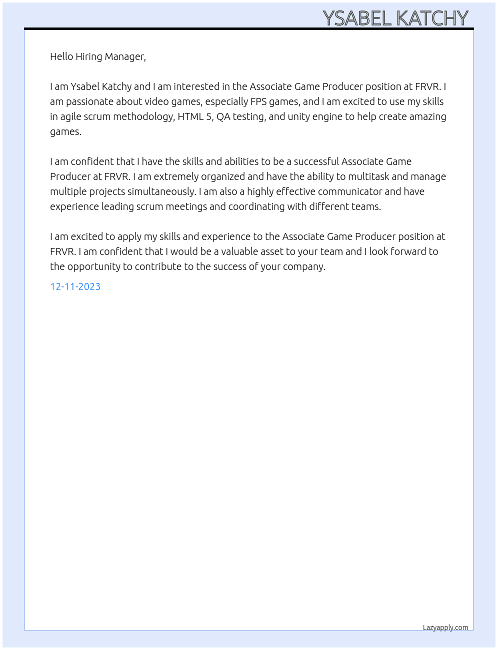 Associate Game Producer At FRVR Cover Letter