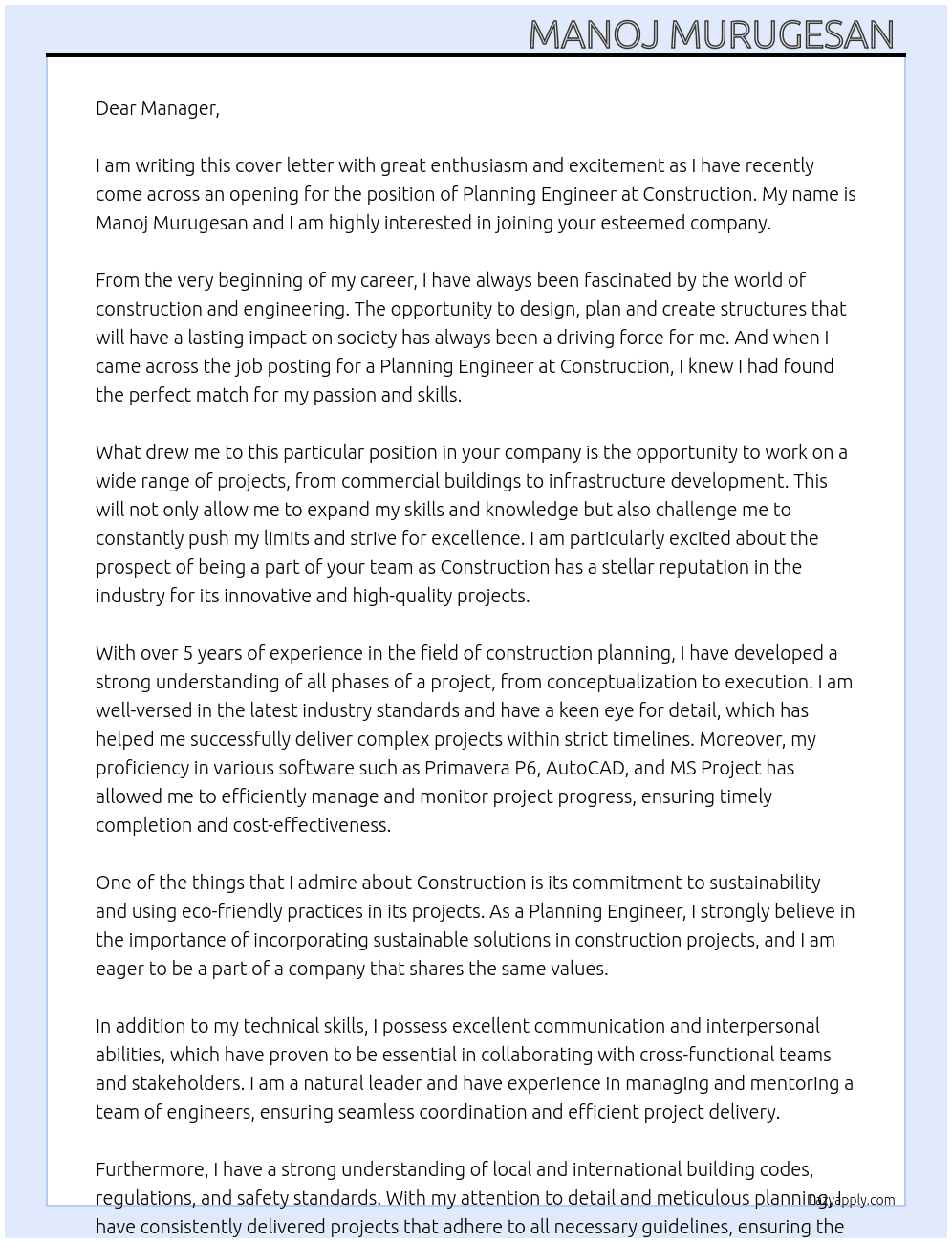 Planning Engineer  At Construction  Cover Letter
