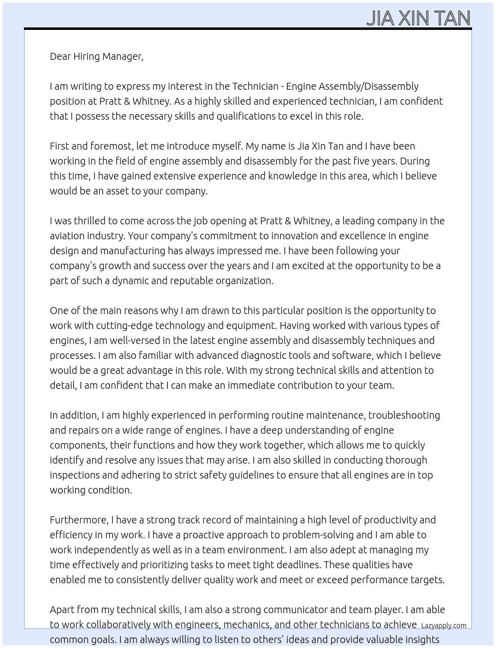 Technician - Engine Assembly/Disassembly At Pratt & Whitney Cover Letter
