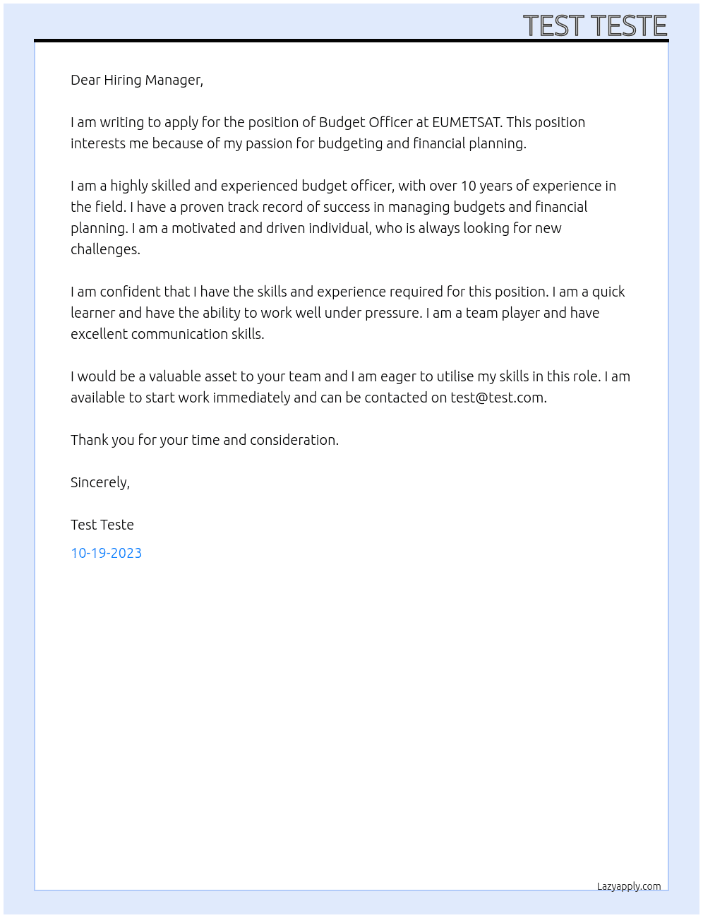 Budget Officer At EUMETSAT Cover Letter