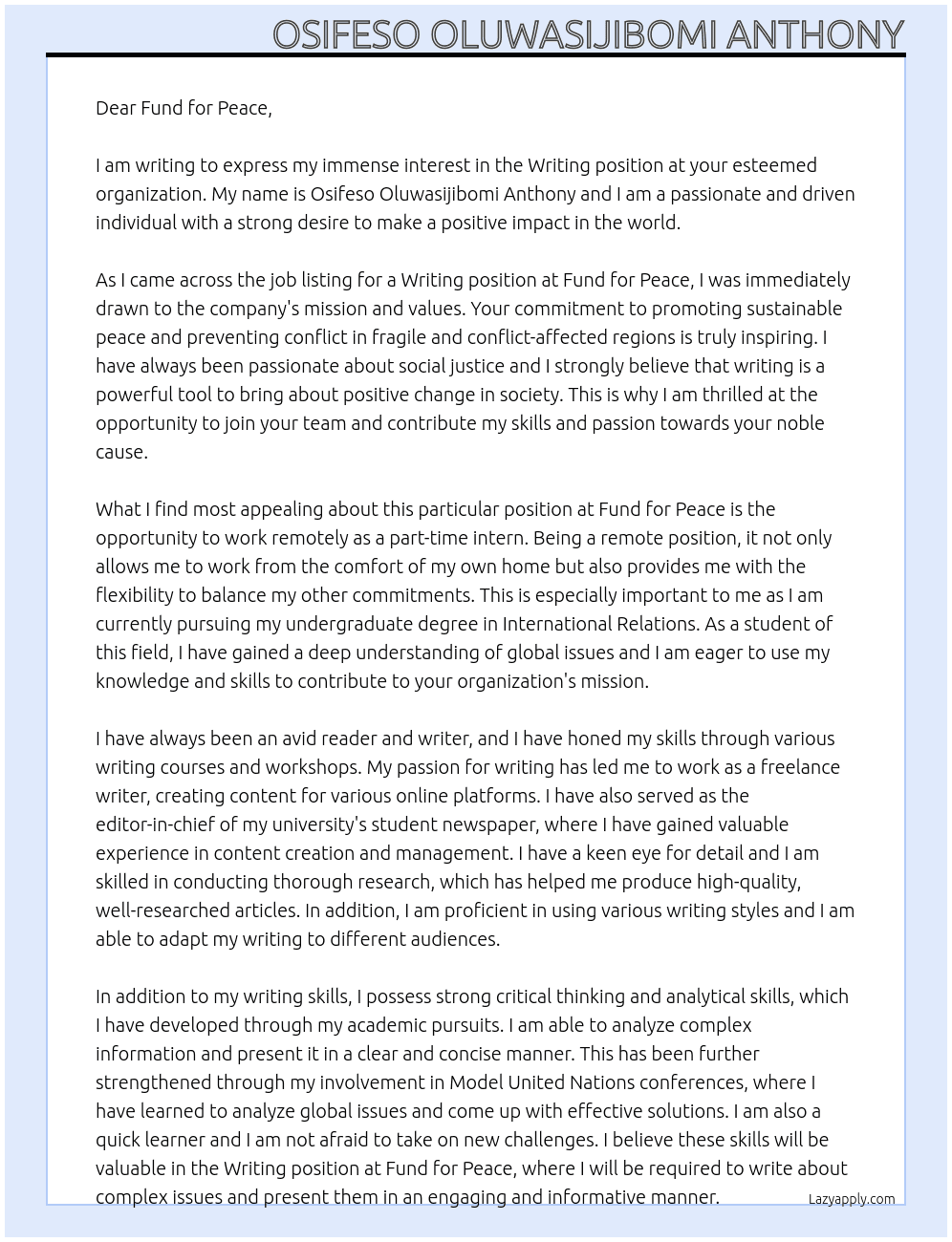 Writing At Fund for peace Cover Letter