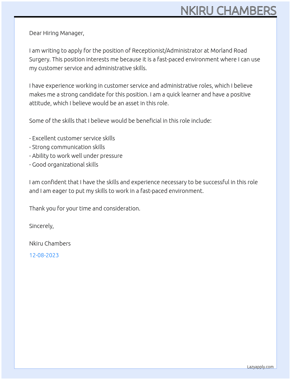 Receptionist/ Administrator  At Morland Road Surgery Cover Letter