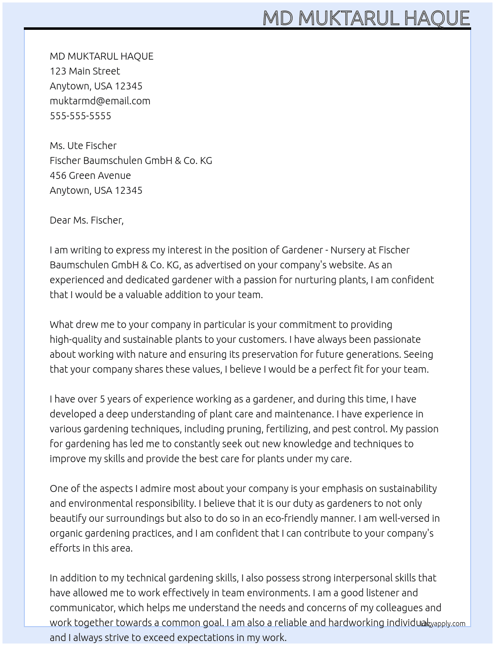 Gardener - Nursery At Fischer Baumschulen GmbH & Co. KG Cover Letter