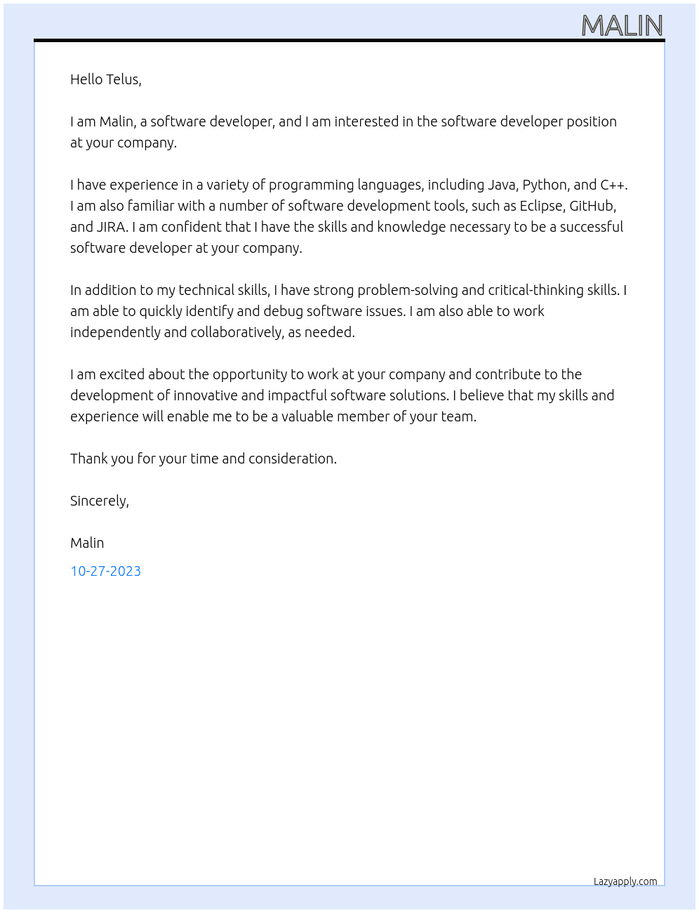Software Developer At Telus Cover Letter