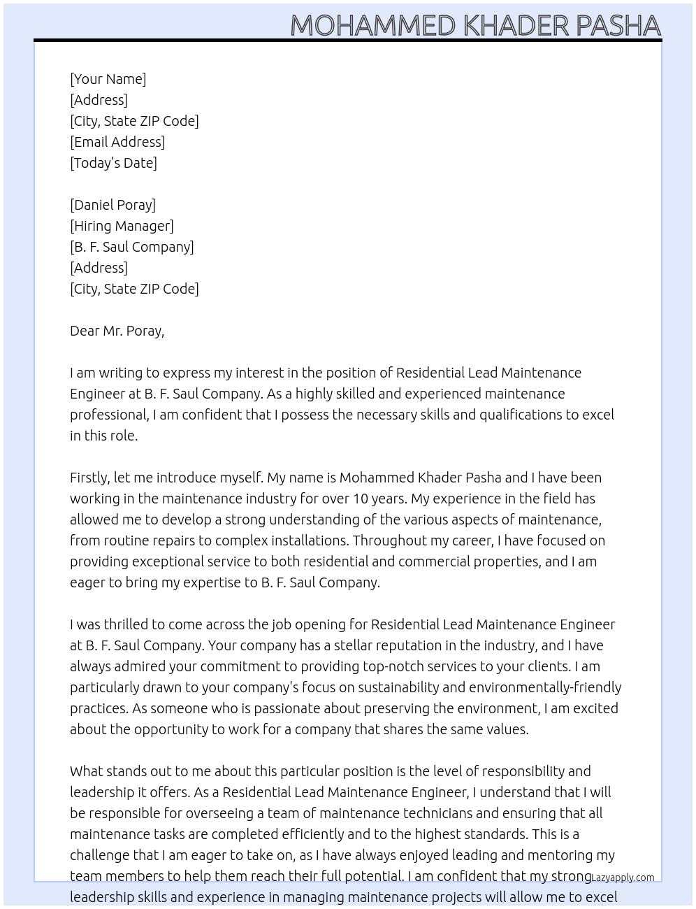 Residential Lead Maintenance Engineer At B. F. Saul Company Cover Letter