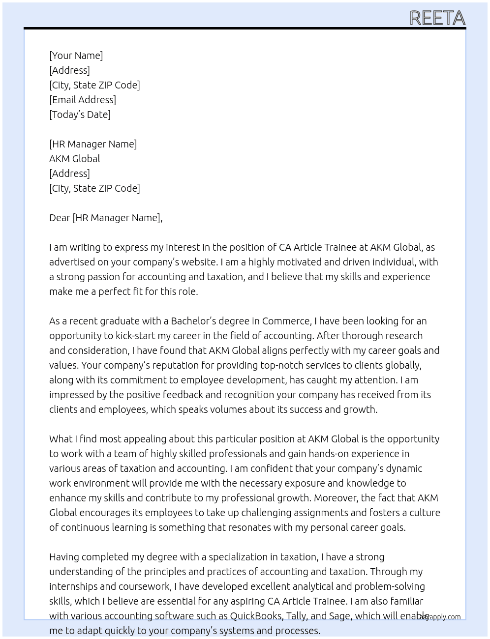  ca article trainee At AKM Global Cover Letter