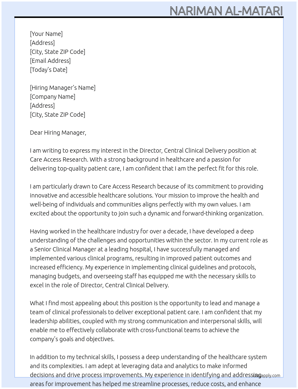 Director, Central Clinical Delivery At Care Access Research Cover Letter
