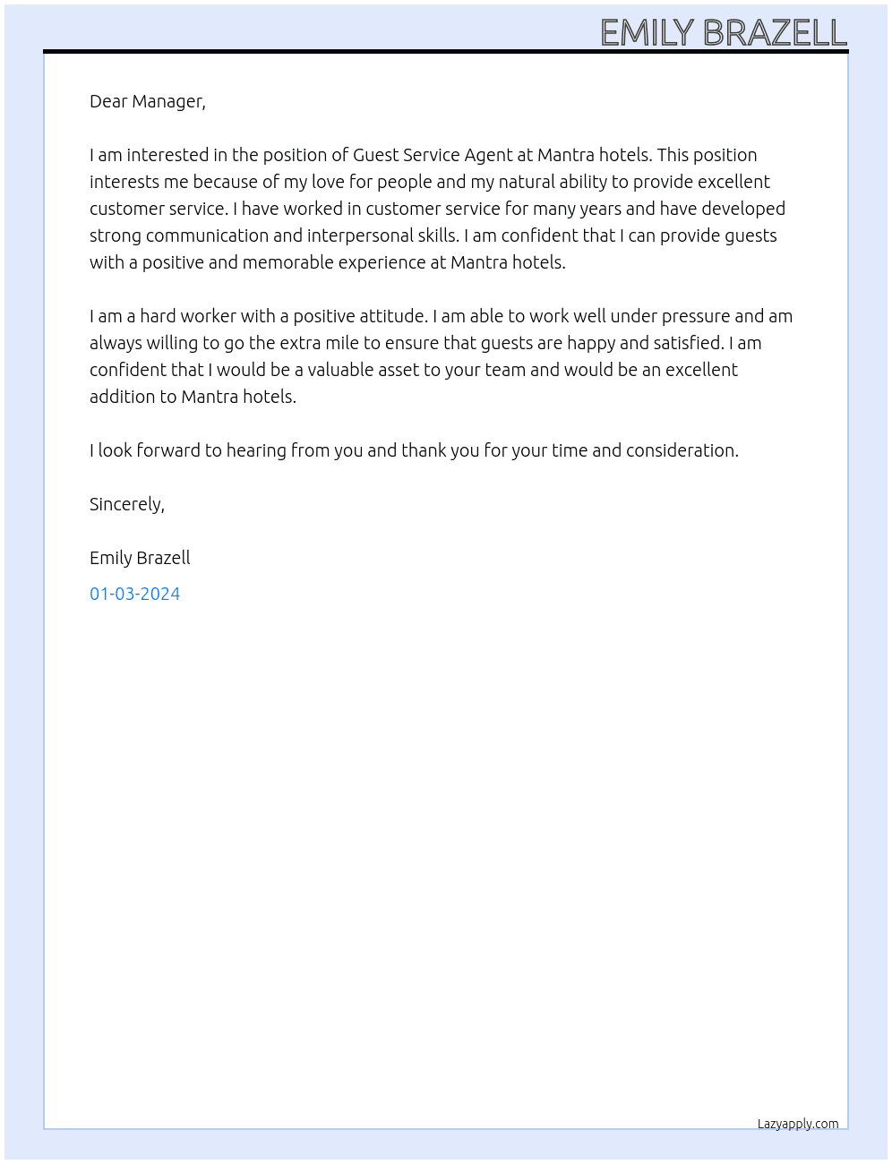 Guest Service Agent At Mantra hotels Cover Letter