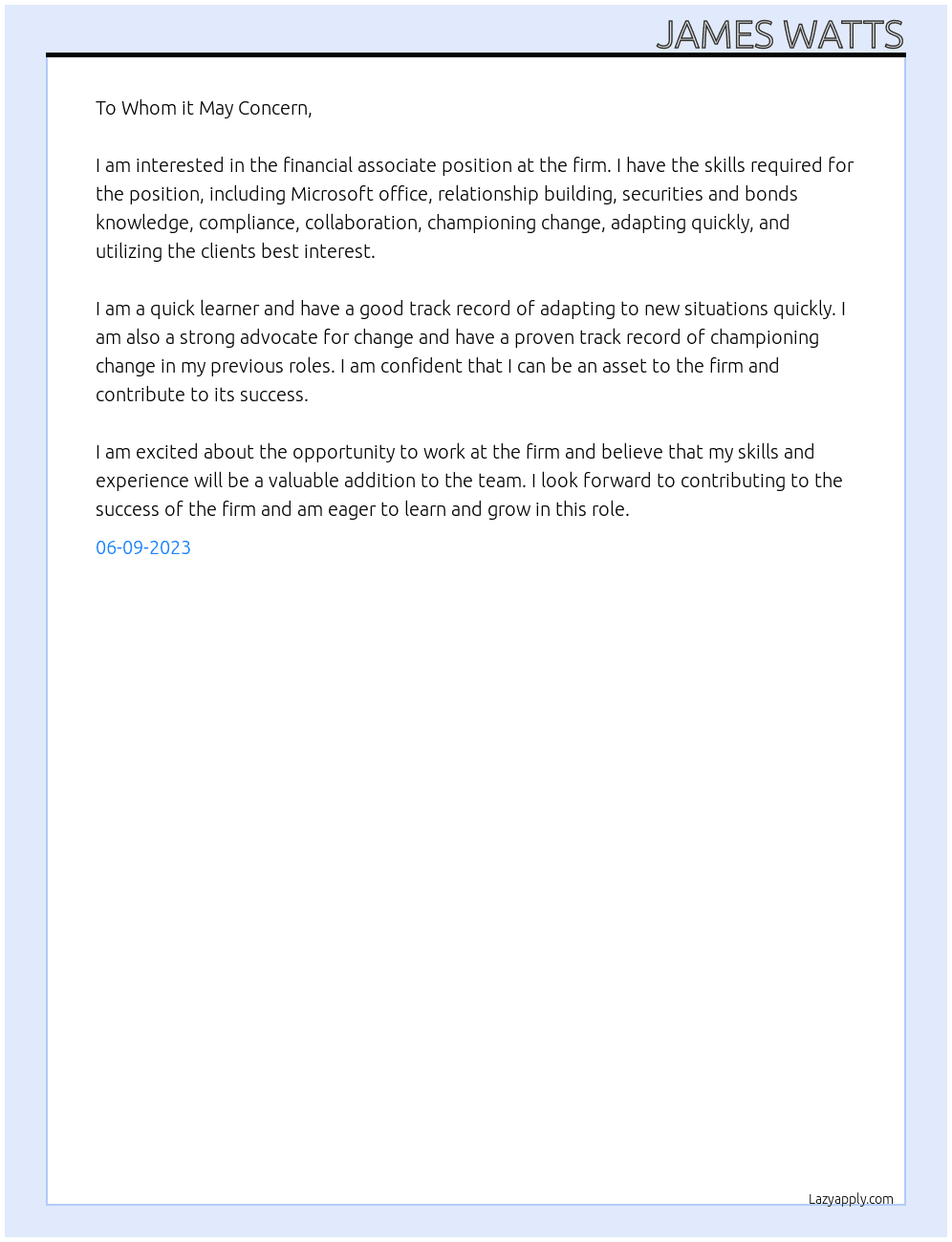 Financial Associate At the firm Cover Letter