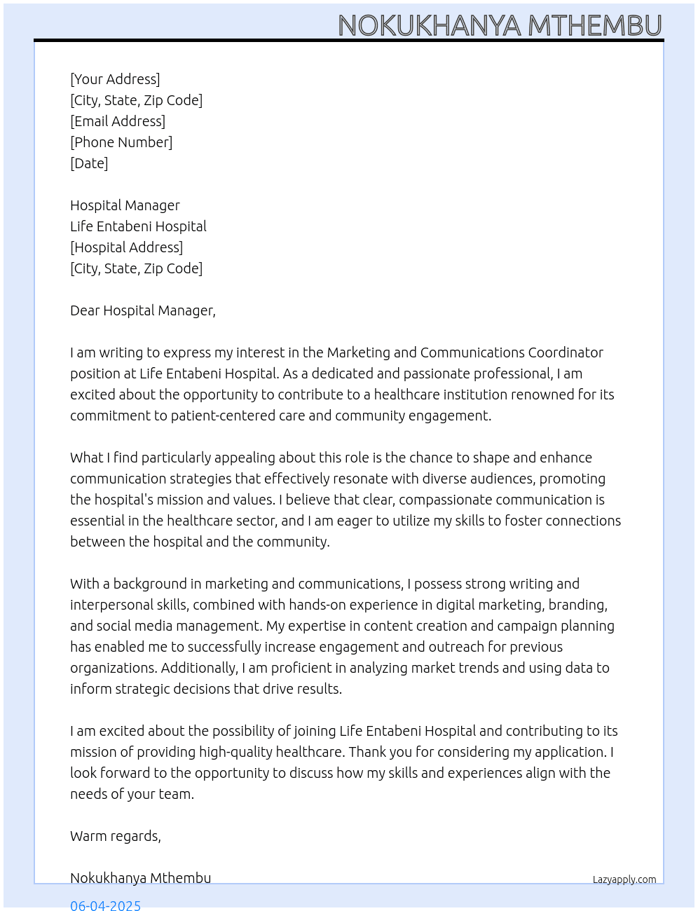 Marketing and Communications Coordinator At Life Entabeni Hospital Cover Letter