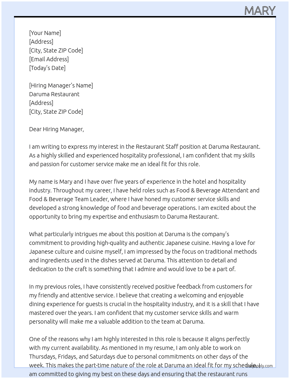 restaurant staff At Daruma Cover Letter