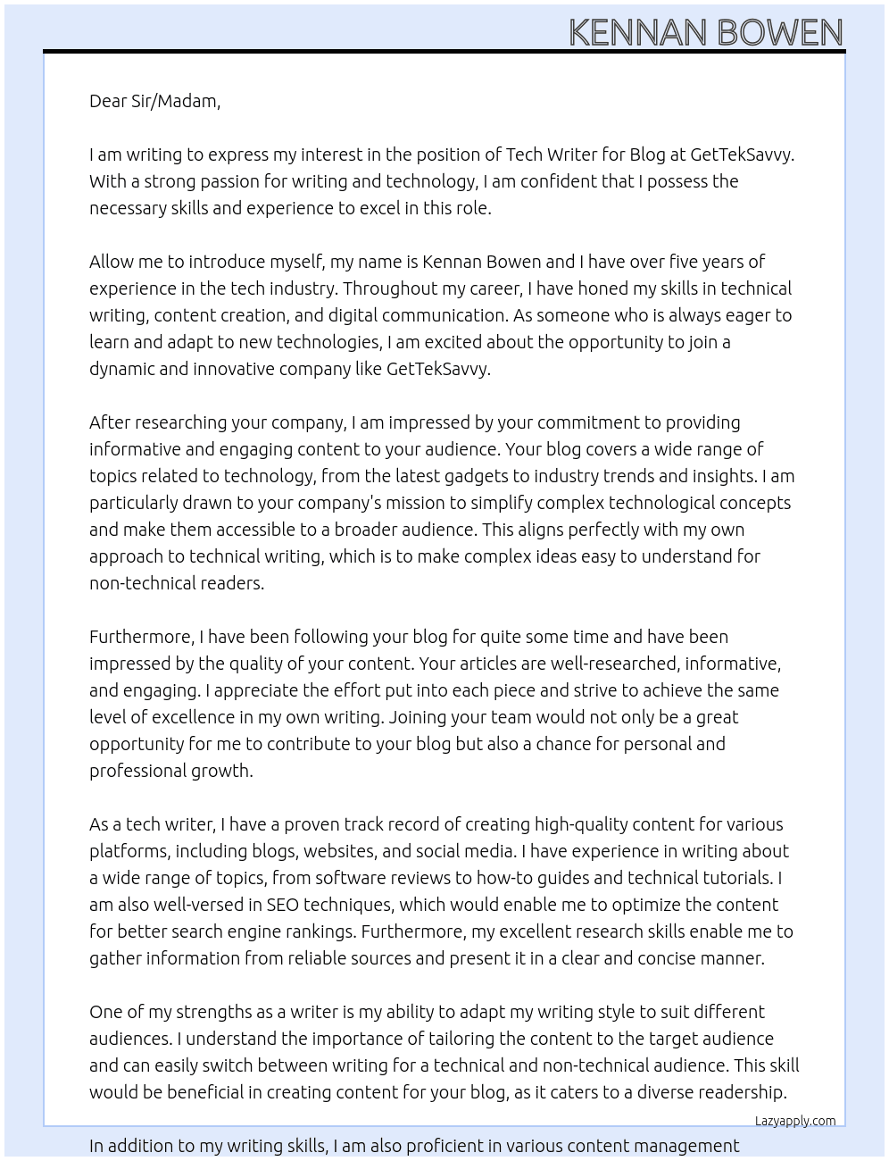 Tech Writer for Blog At GetTekSavvy Cover Letter