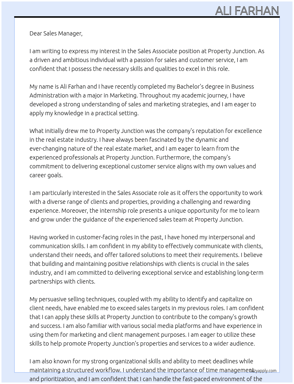 Sales Associate  At Property Junction  Cover Letter