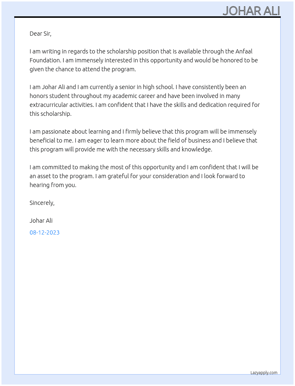 Application for scholarship  At Anfaal foundation  Cover Letter