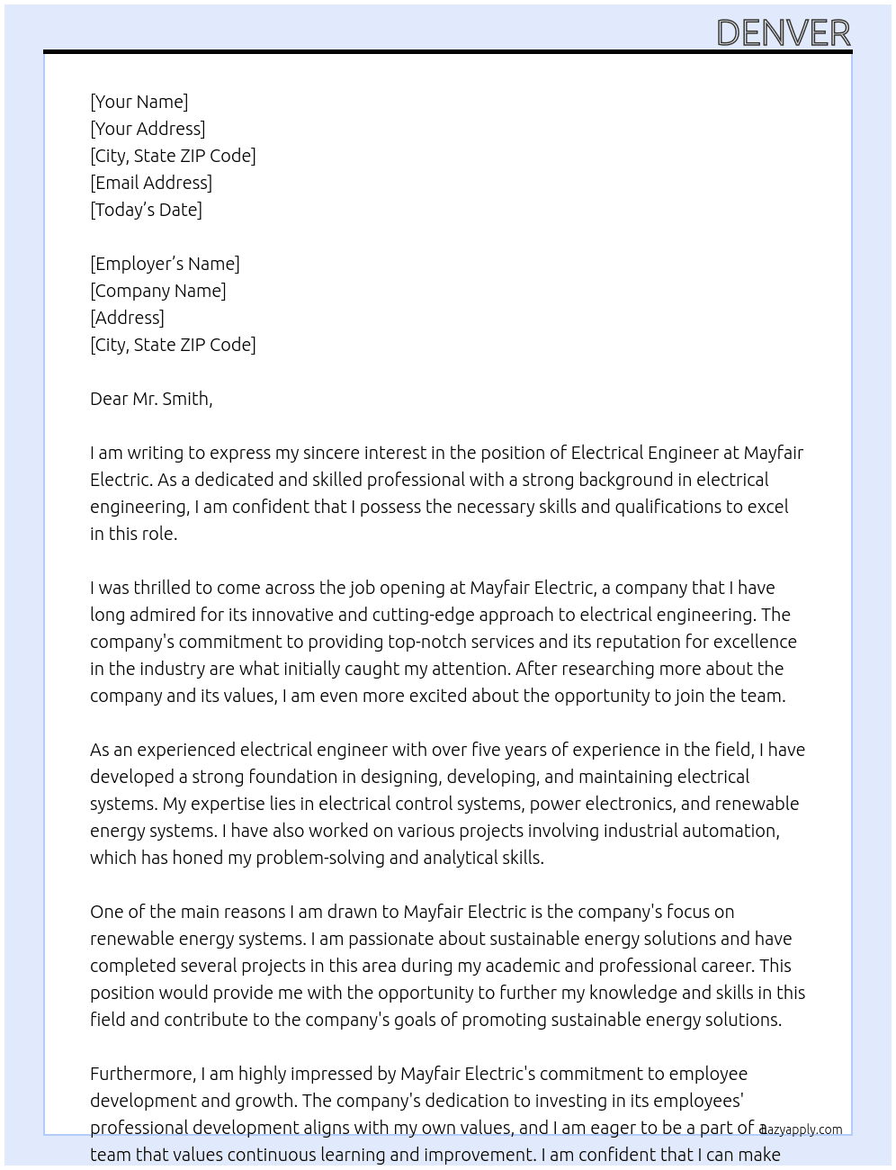 Electrical At Mayfair electri Cover Letter