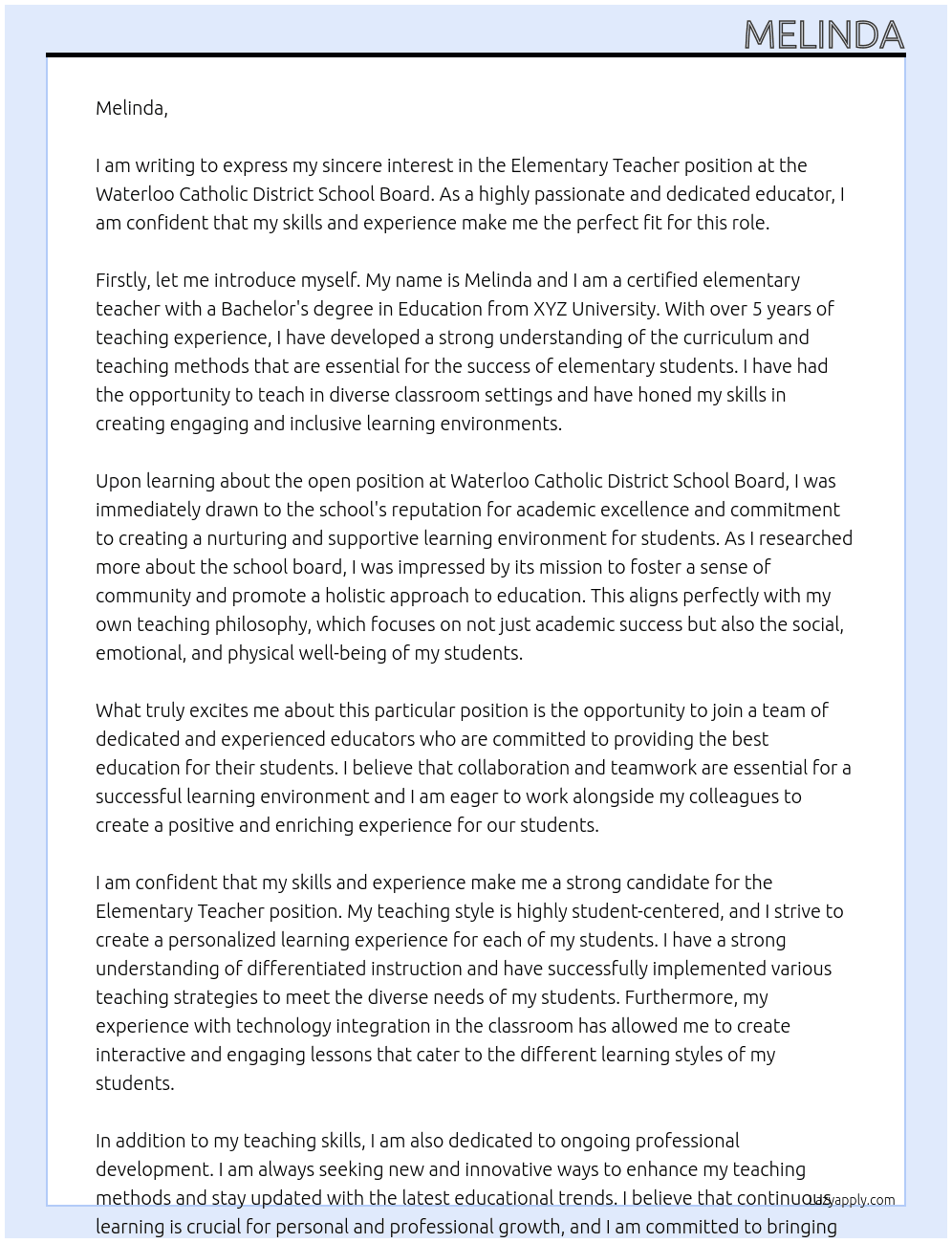 elementary teacher At Waterloo Catholic District School Board Cover Letter