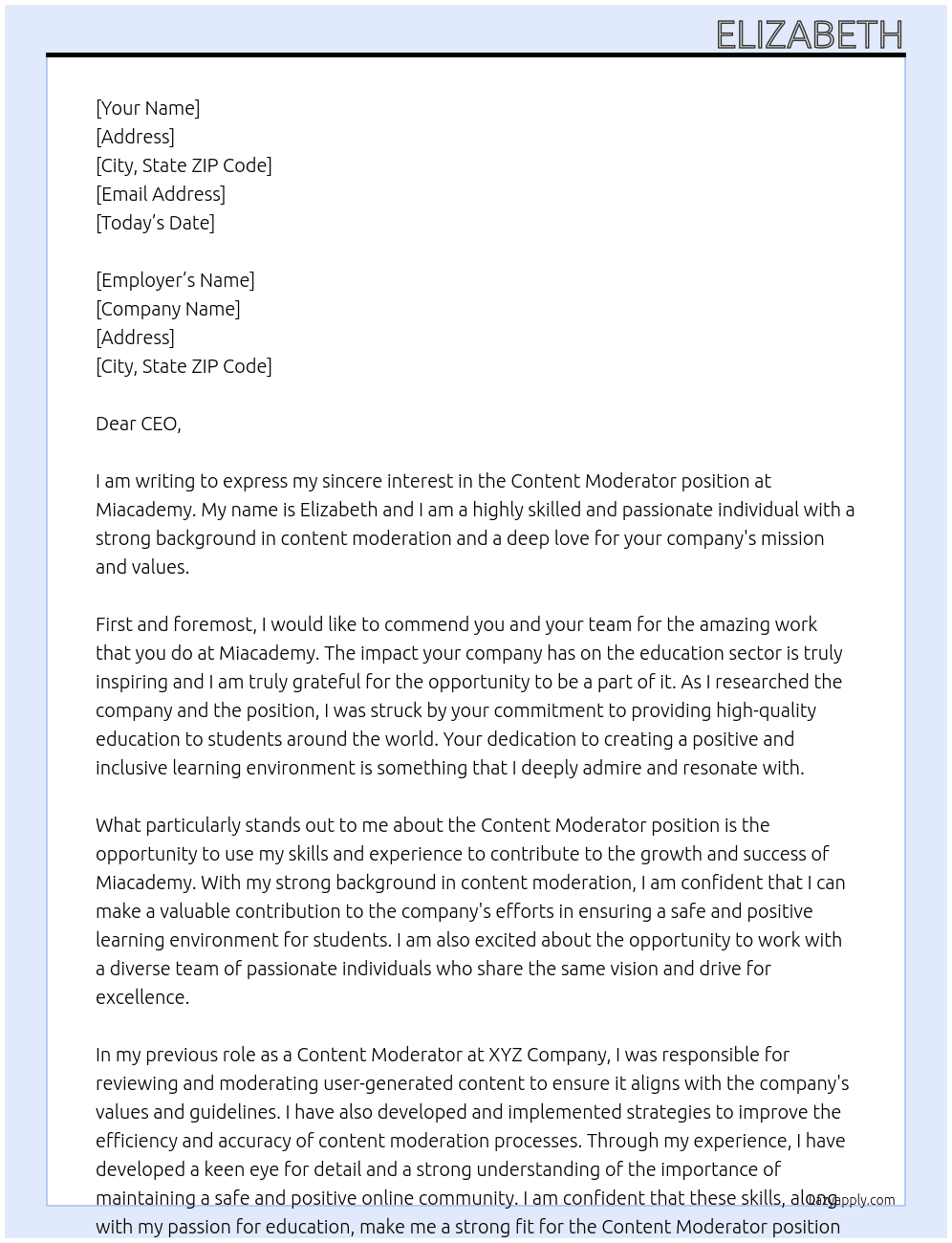 Content Moderator At Miacademy Cover Letter