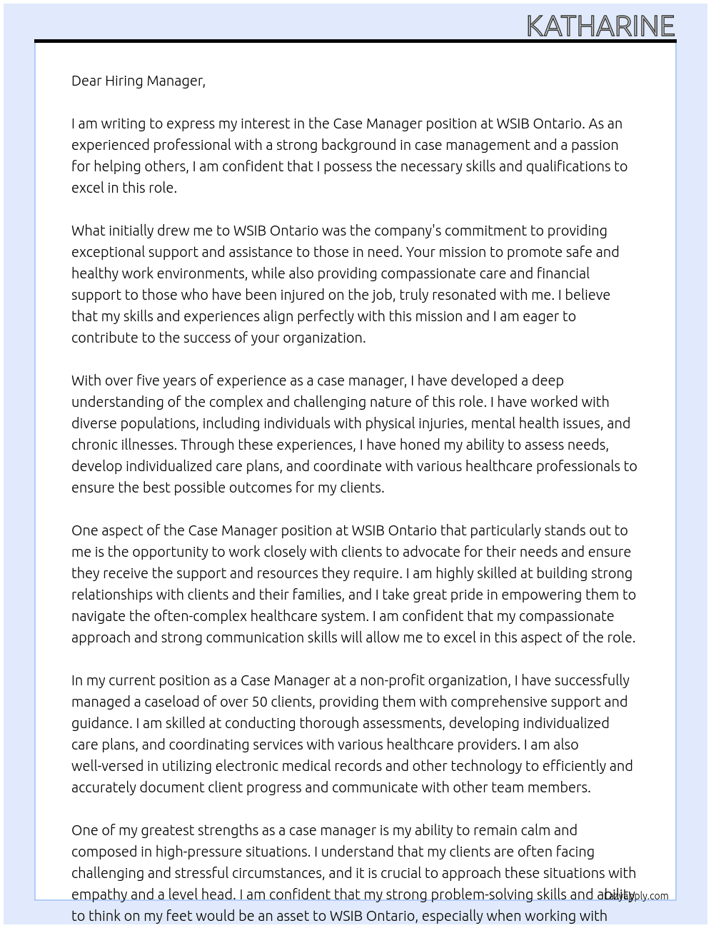 Case Manager At WSIB Ontario Cover Letter
