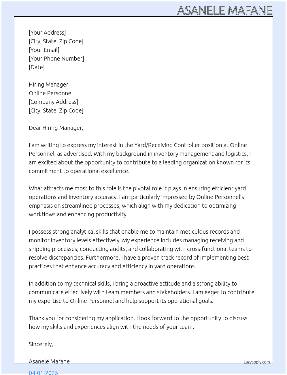 Cover letter for yard/receiving controller - LazyApply