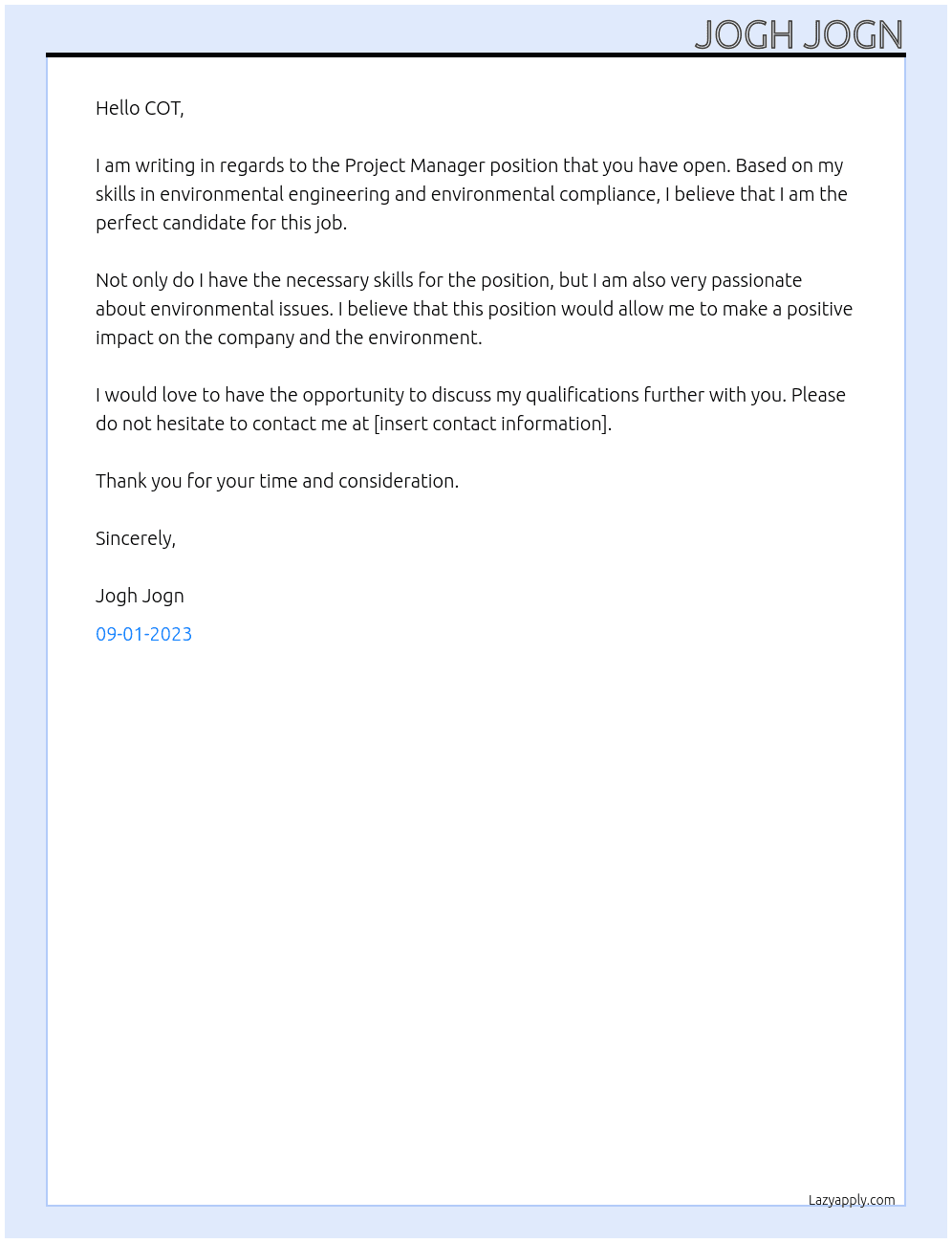 Project manager At COT Cover Letter