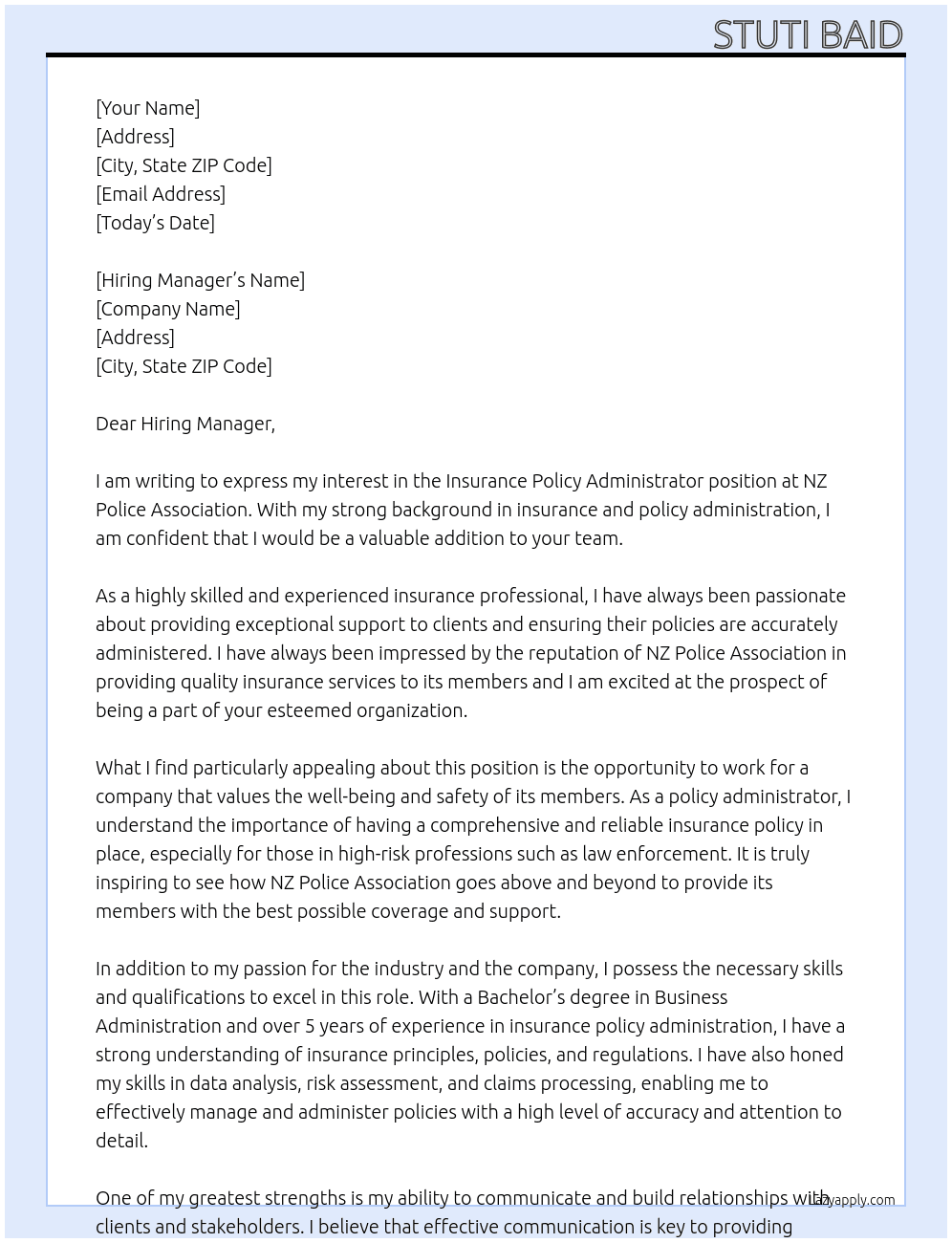 Cover letter for insurance policy administrator - LazyApply