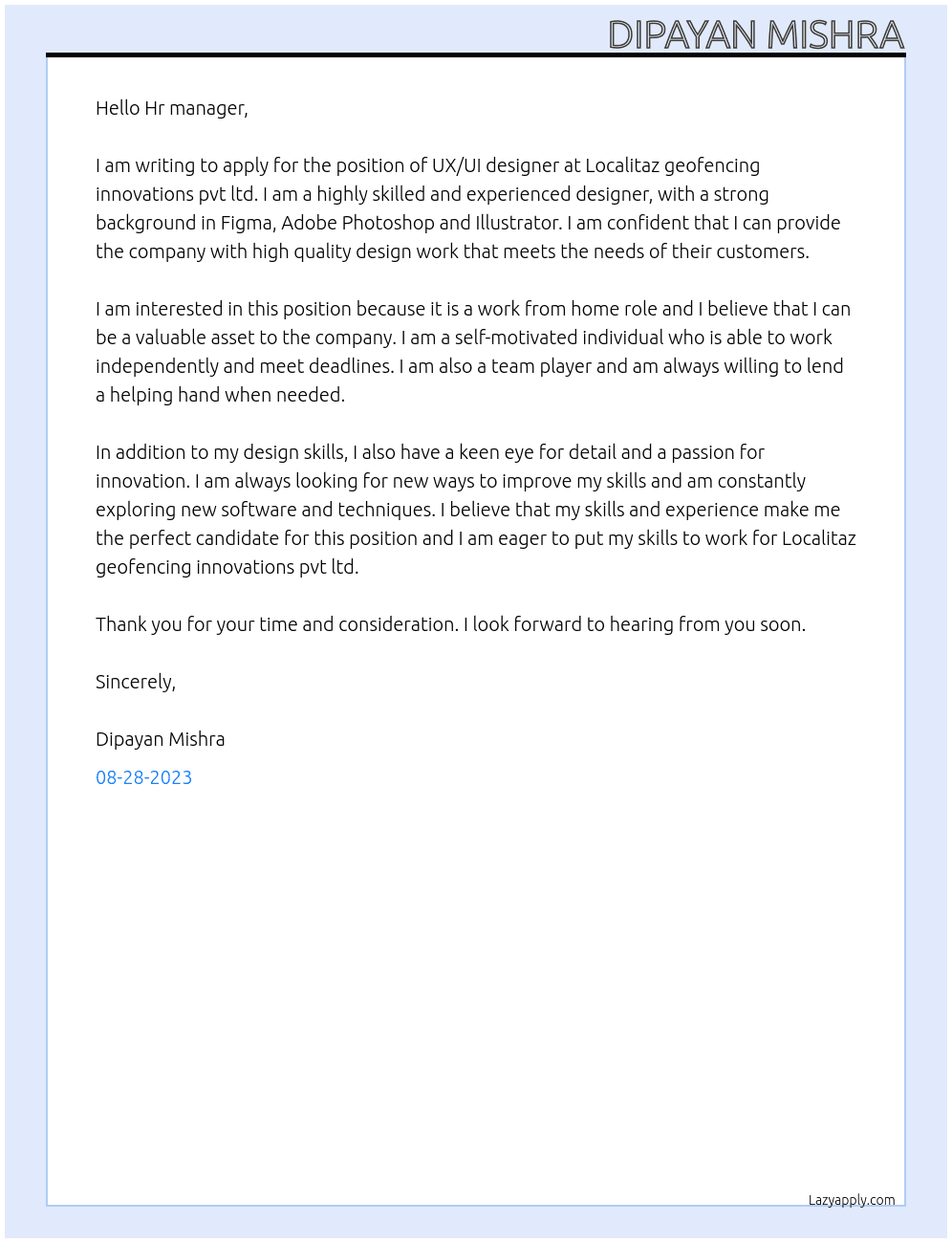 UX/UI designer  At Localitaz geofencing innovations pvt ltd Cover Letter