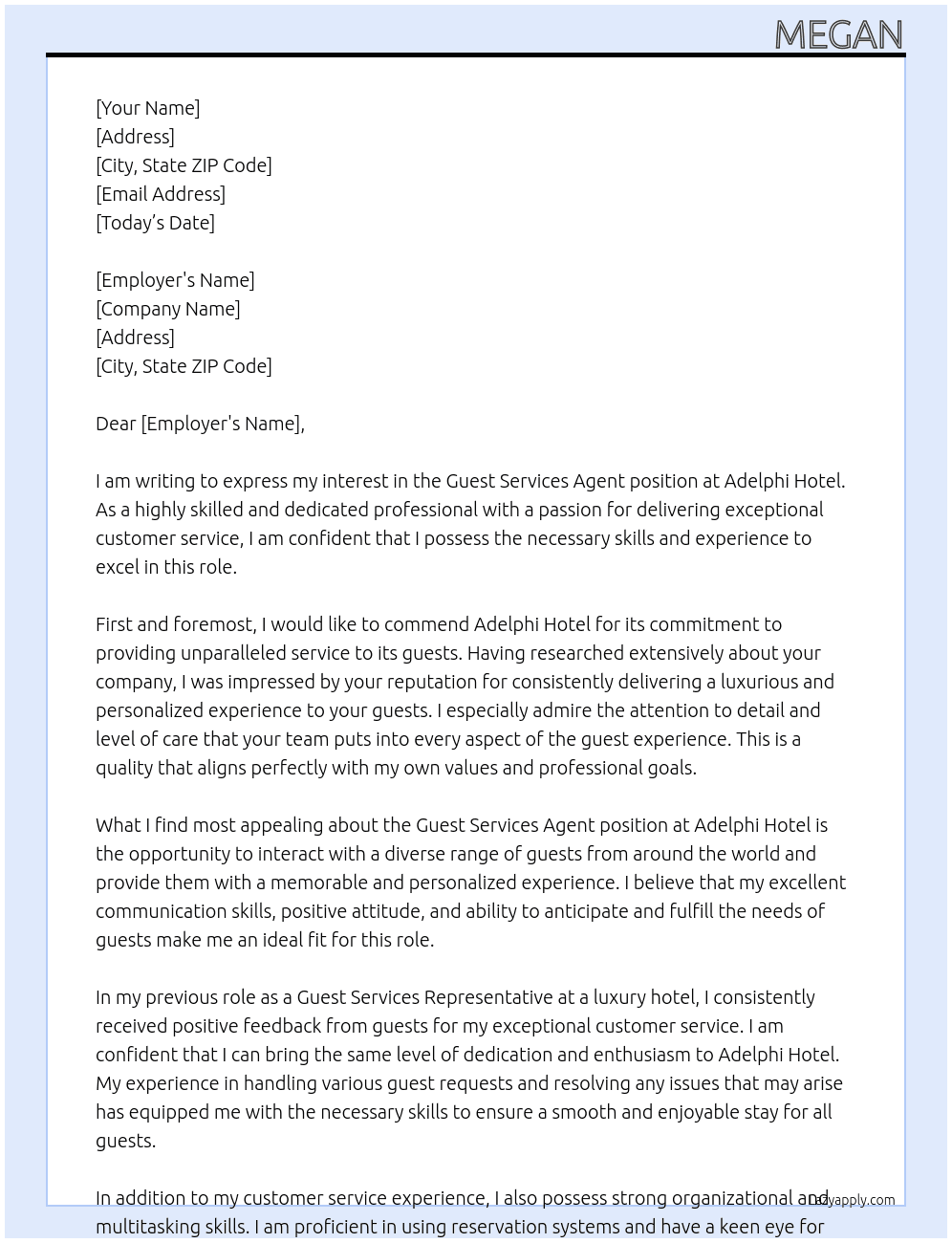 Guest Services Agent  At Adelphi Hotel Cover Letter