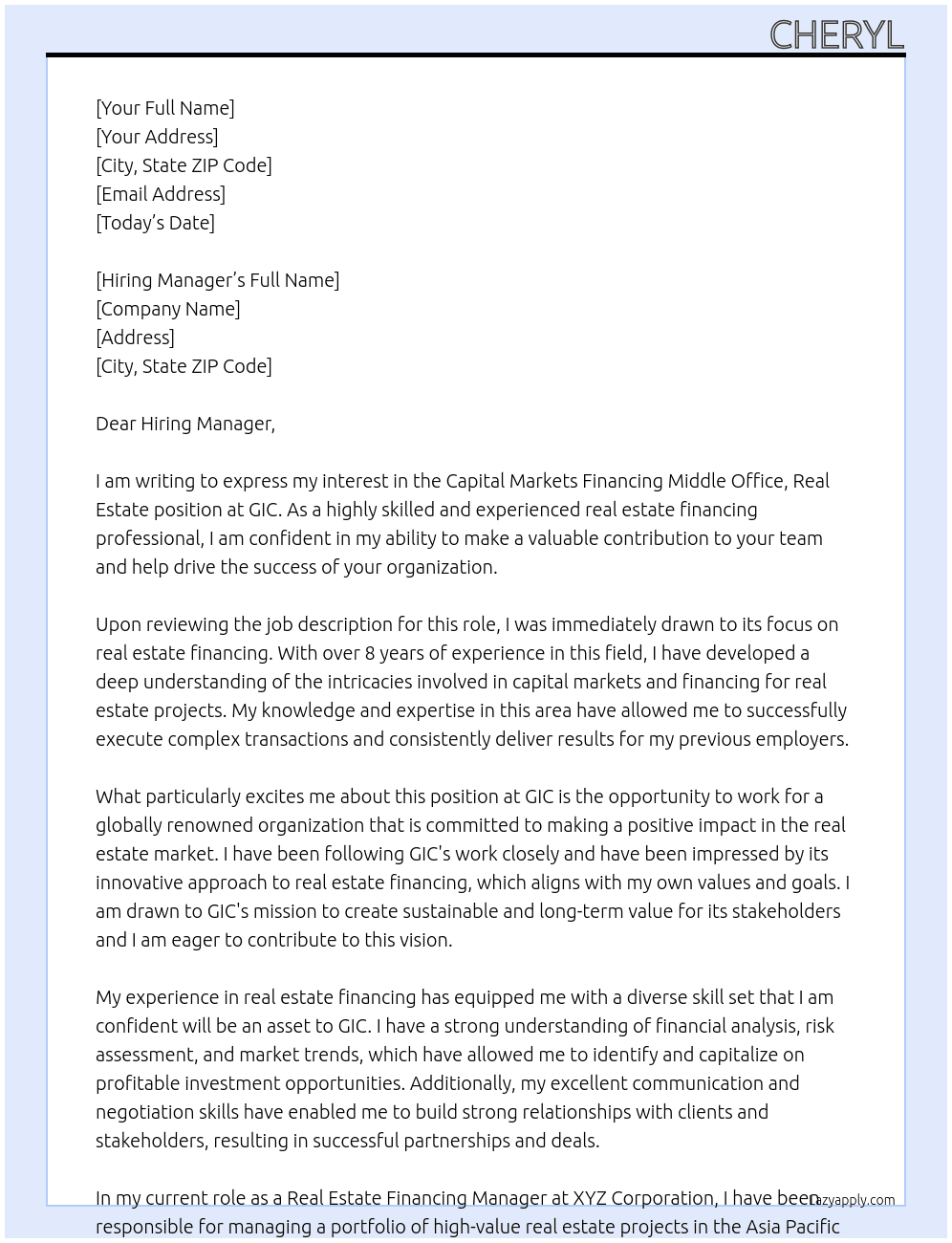 Capital Markets Financing Middle Office, Real Estate At GIC Cover Letter