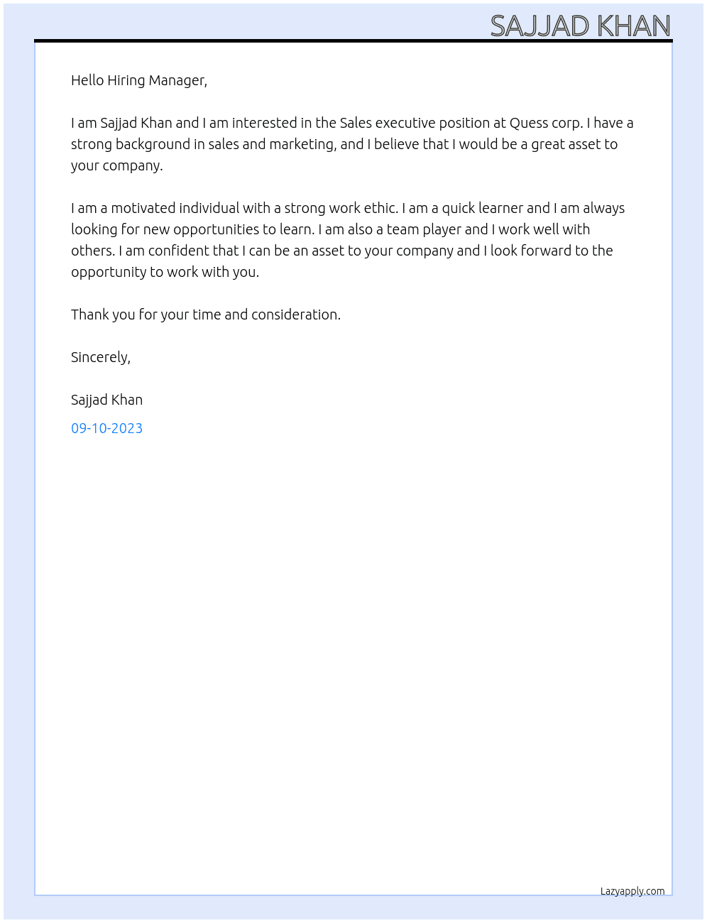 Sales executive At Quess corp Cover Letter