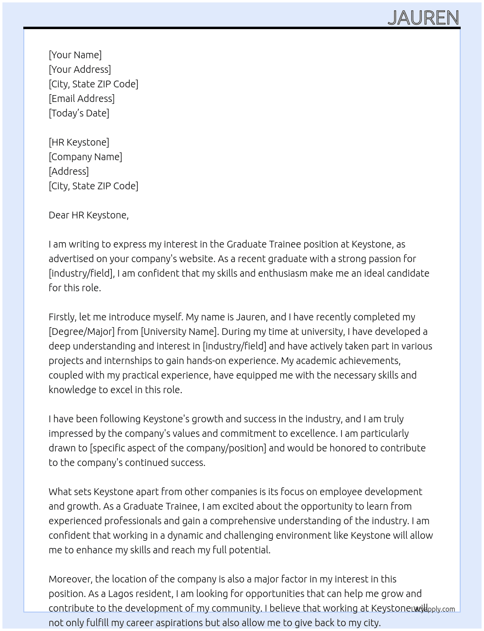graduate trainee At keystone Cover Letter