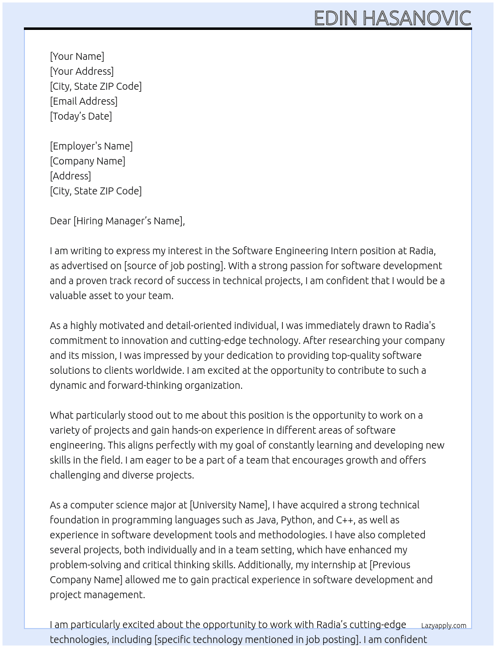 Software Engineering Intern At Radia Cover Letter