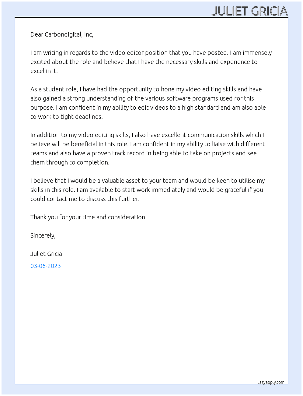Video editor  At Carbondigital, Inc Cover Letter