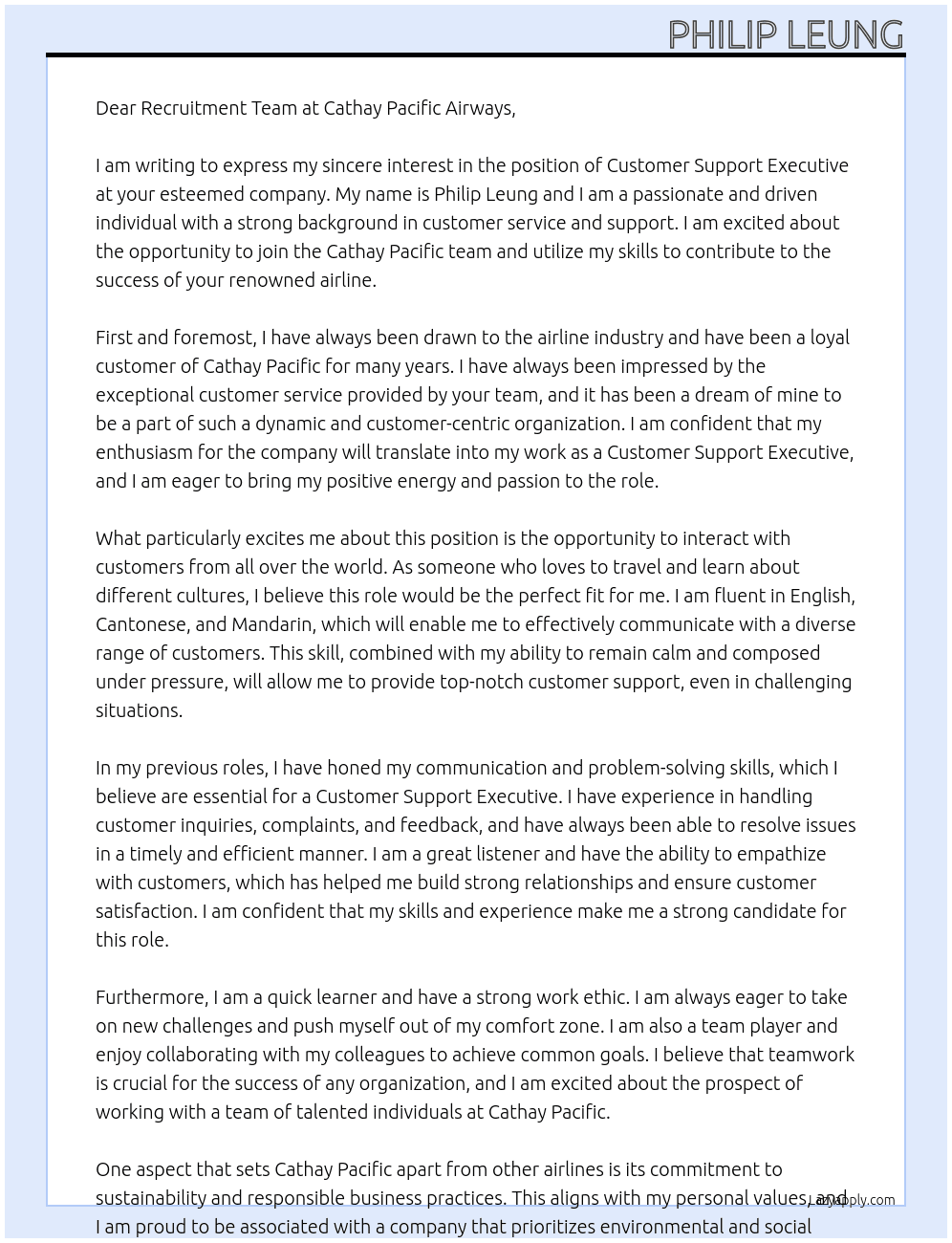 Customer Support Executive At Cathay Pacific Airways Cover Letter