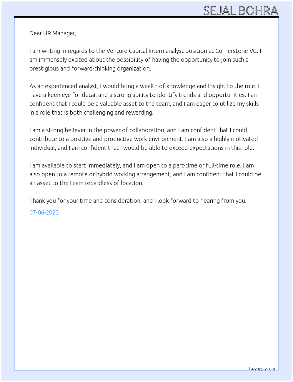 Venture Capital Intern analyst At Cornerstone VC Cover Letter