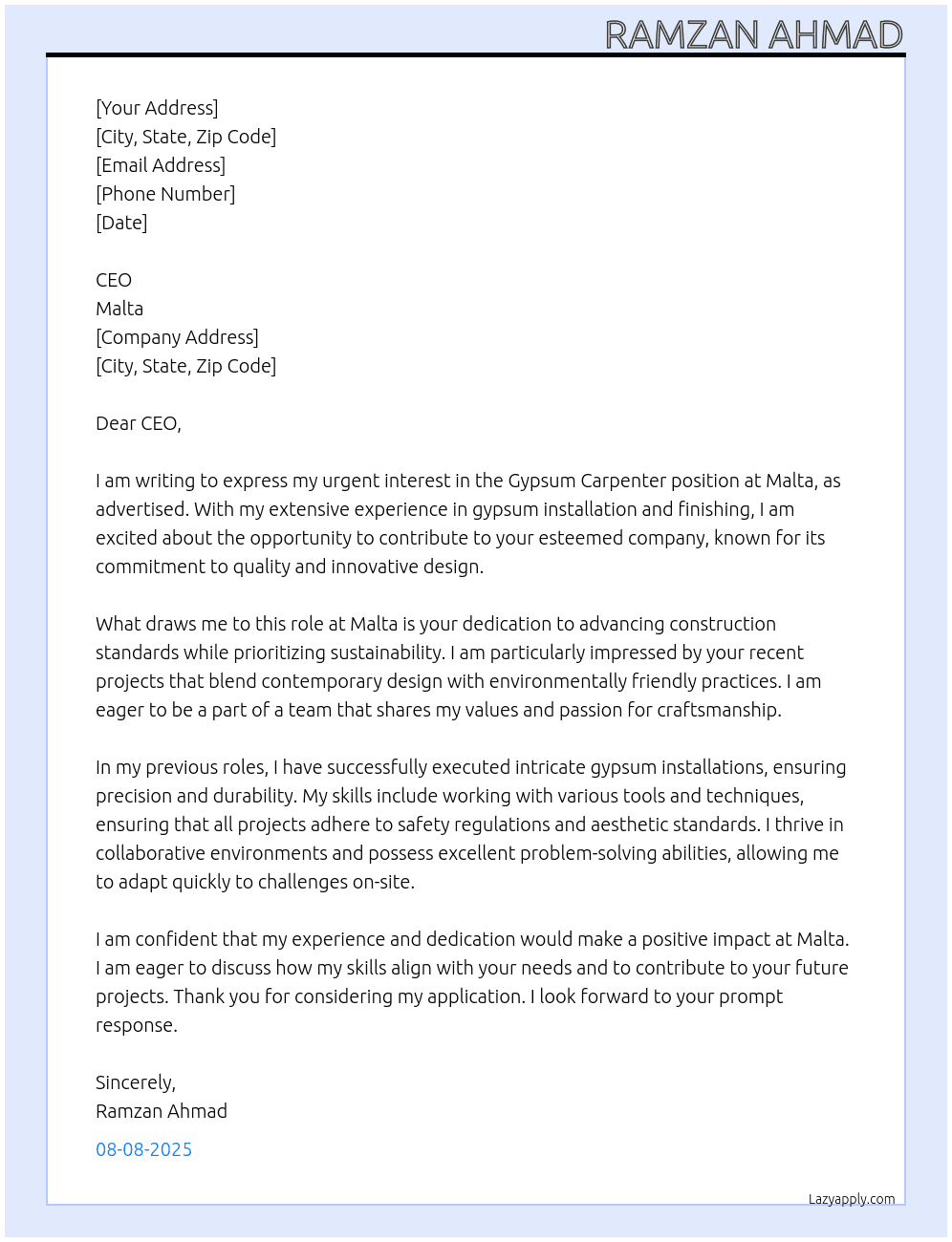 Gypsum carpenter  At Malta Cover Letter