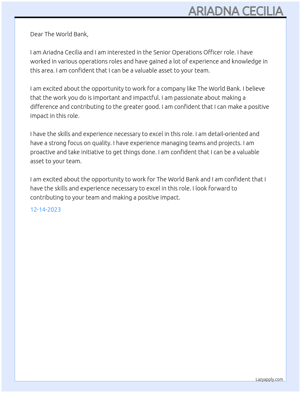 Senior Operations Officer At The world bank Cover Letter