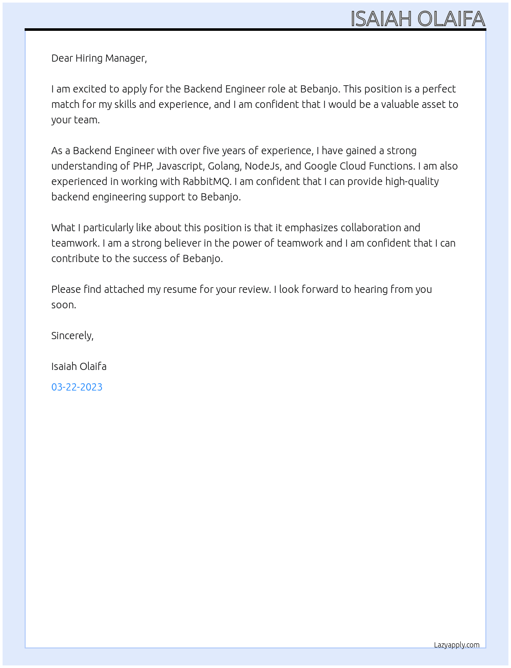 Backend Engineer At Bebanjo Cover Letter