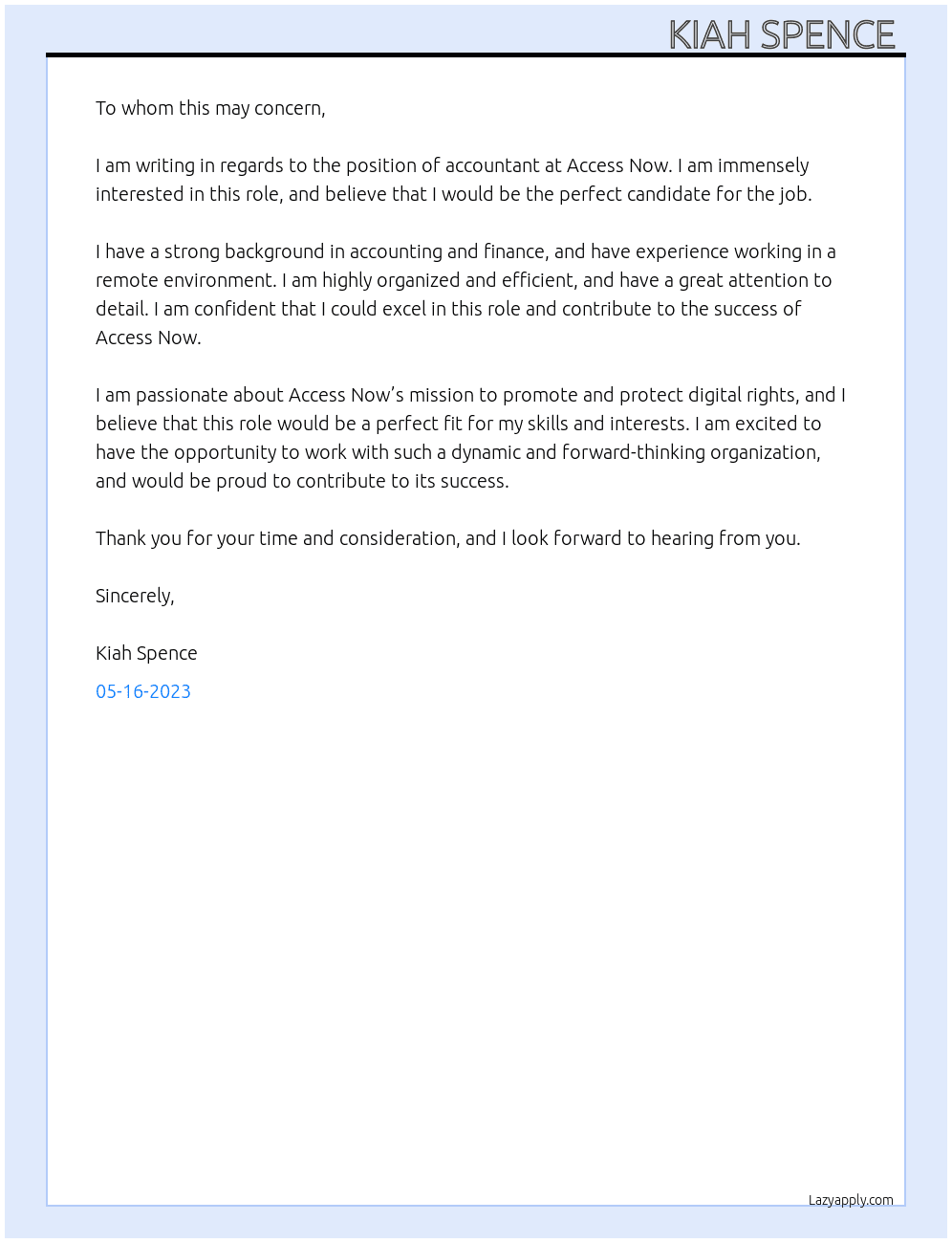 Accountant  At Access Now Cover Letter
