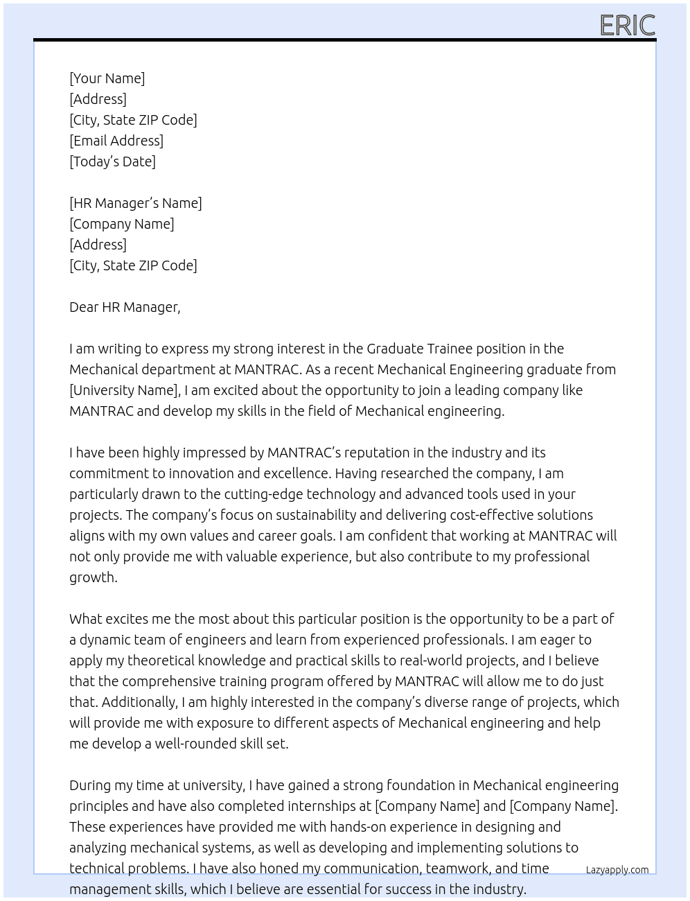 GRADUATE TRAINEE,MECANICAL At MANTRAC Cover Letter