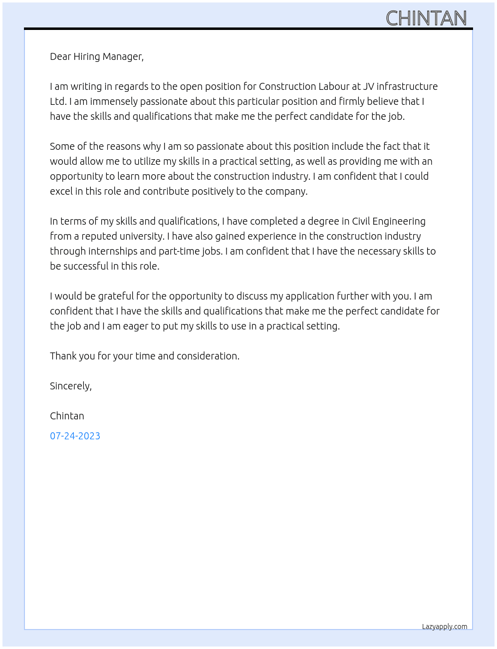 Construction Labour At JV infrastructure Ltd Cover Letter